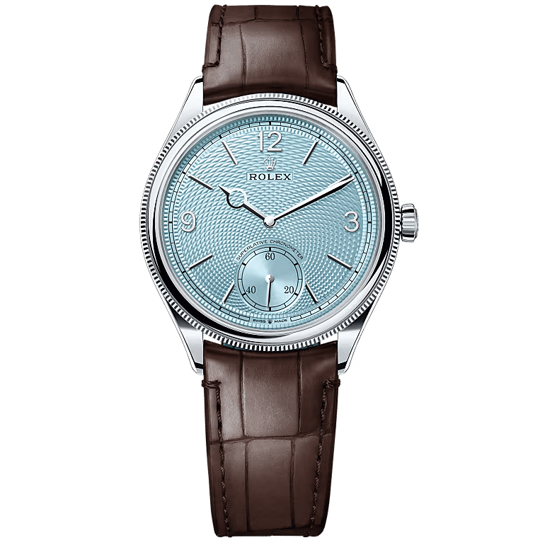 Rolex 1908 Platinum Ice Blue Dial Brown Band 39mm