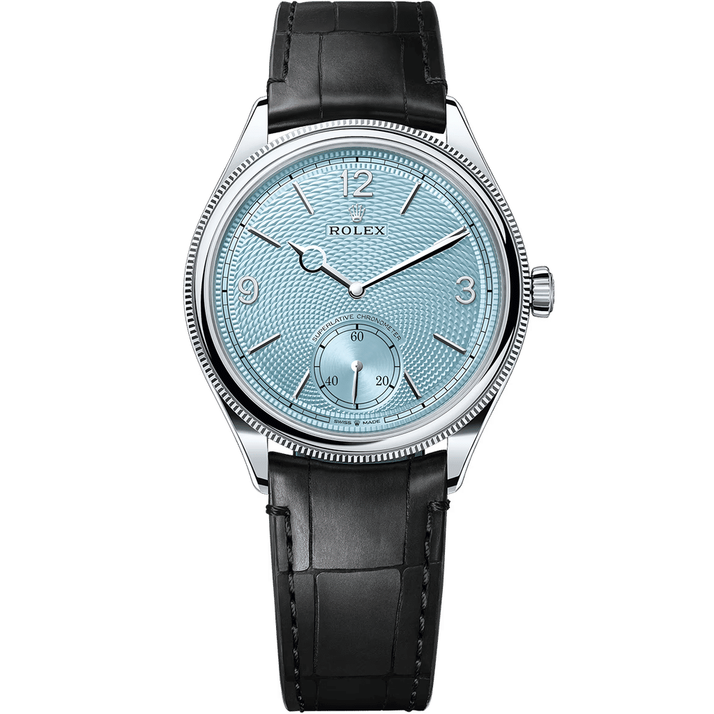 Rolex 1908 Platinum Ice Blue Dial Black Band 39mm