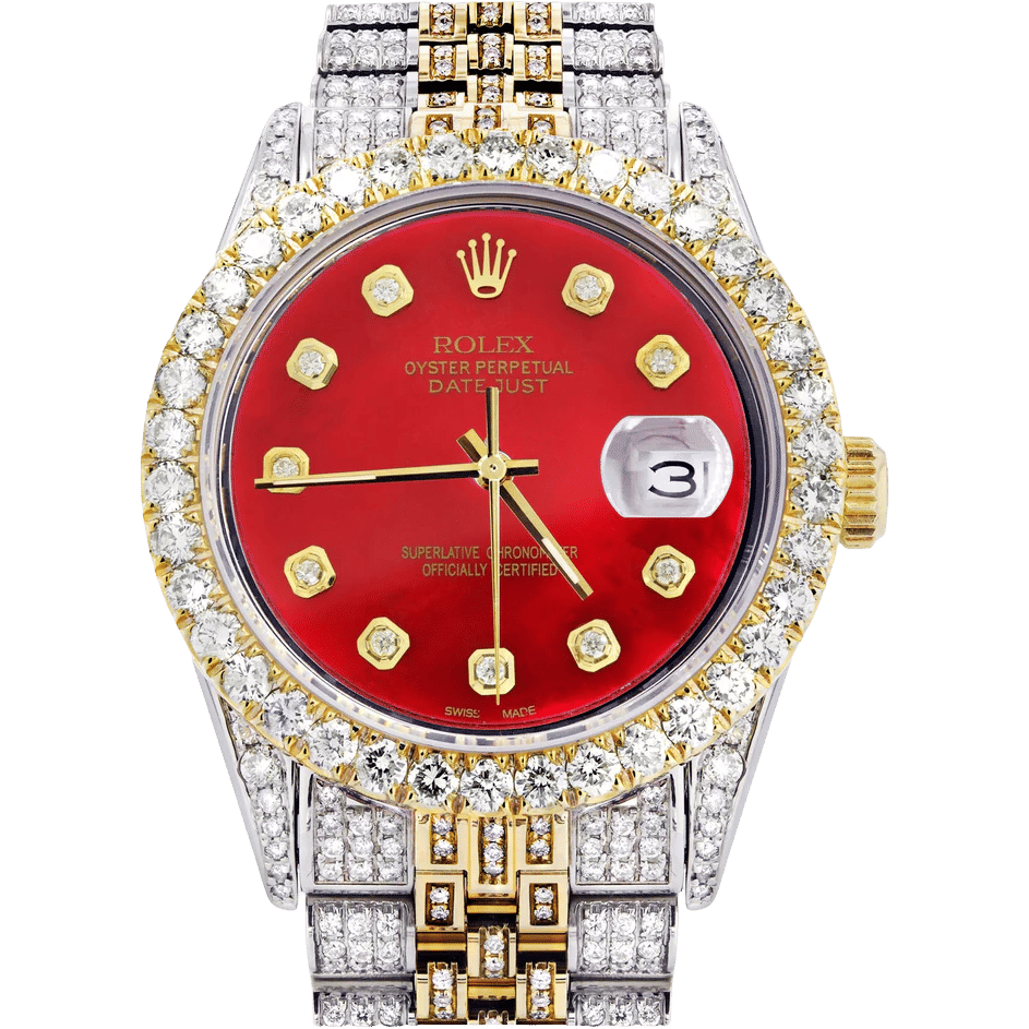 Rolex Datejust Yellow Gold Two Tone Red Dial Iced Out 41mm