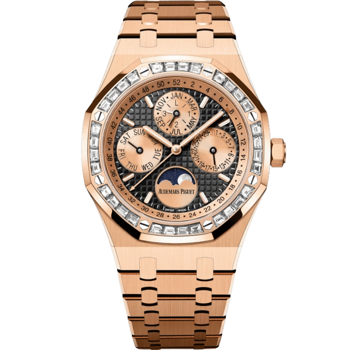 Audemars Piguet Rose Gold Perpetual Calendar With Black Dial / Rose Gold Subdials / Factory Baguette Bezel