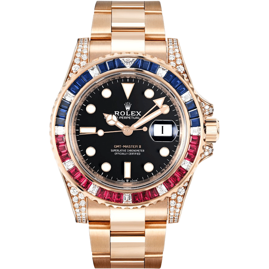 Rolex GMT-Master II Rose Gold Black Dial Diamond Bezel "Saru" 40mm