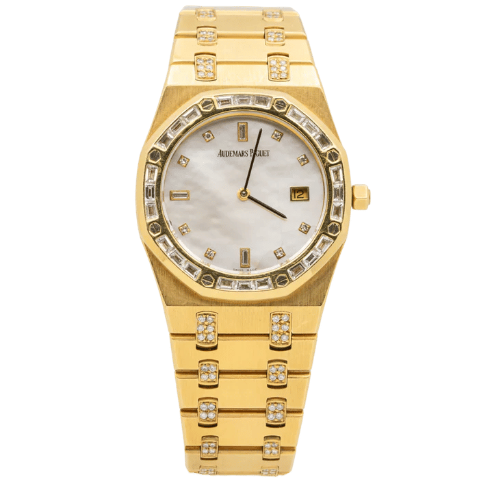 Audemars Piguet Royal Oak Yellow Gold Ladies Factory Set Baguette Bezel And Bracelet With Mother Of Pearl 33MM