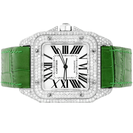 Cartier Santos De Cartier 40MM - Fully Iced Out - Green Leather Band