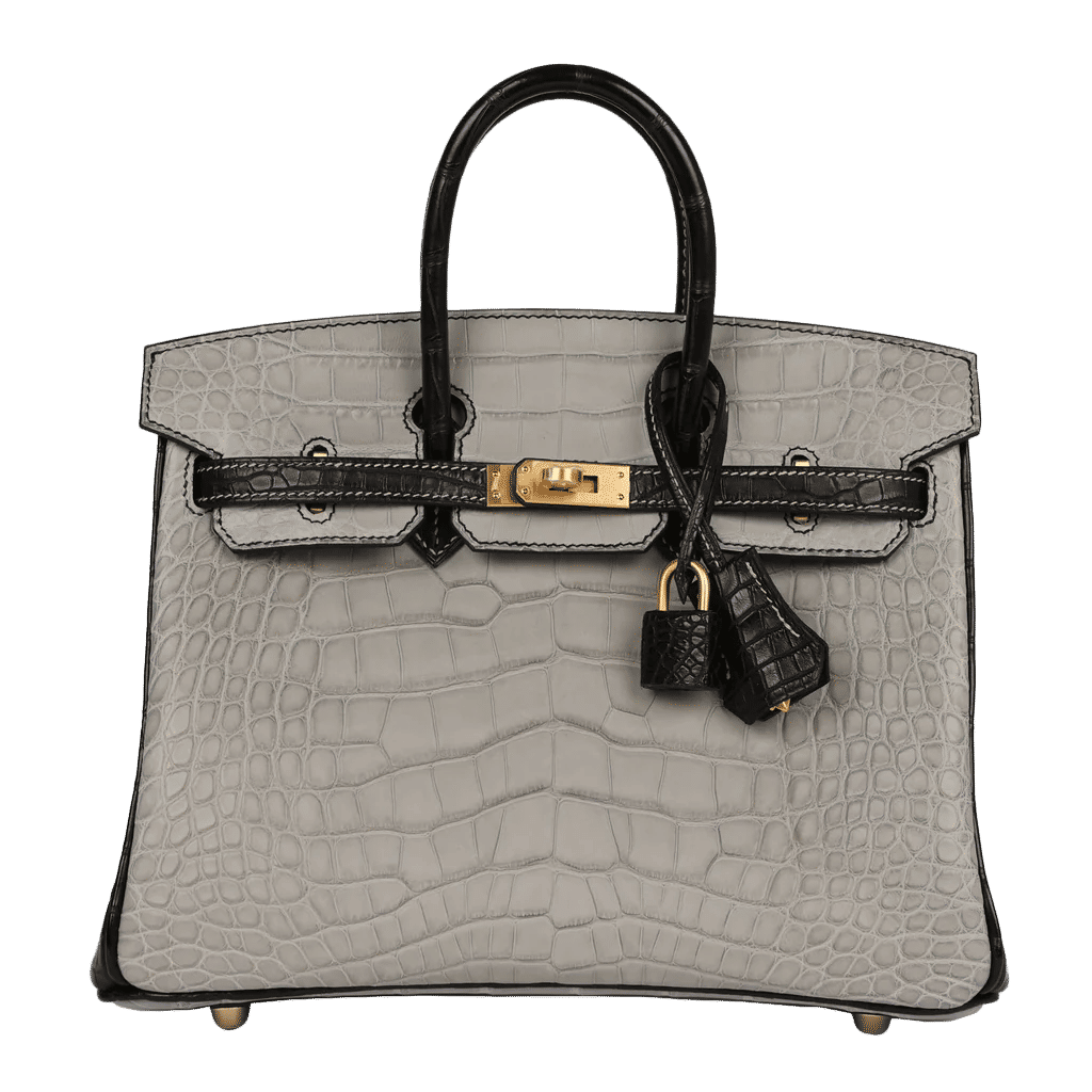 Hermès Special Order (HSS) Birkin 25 Gris Perle and Black Matte Alligator Brushed Gold Hardware