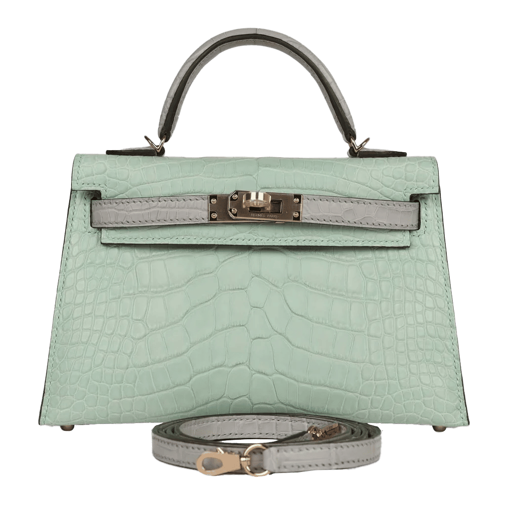 Hermès Special Order (HSS) Kelly Sellier 20 Vert D'Eau and Gris Perle Matte Alligator Permabrass Hardware
