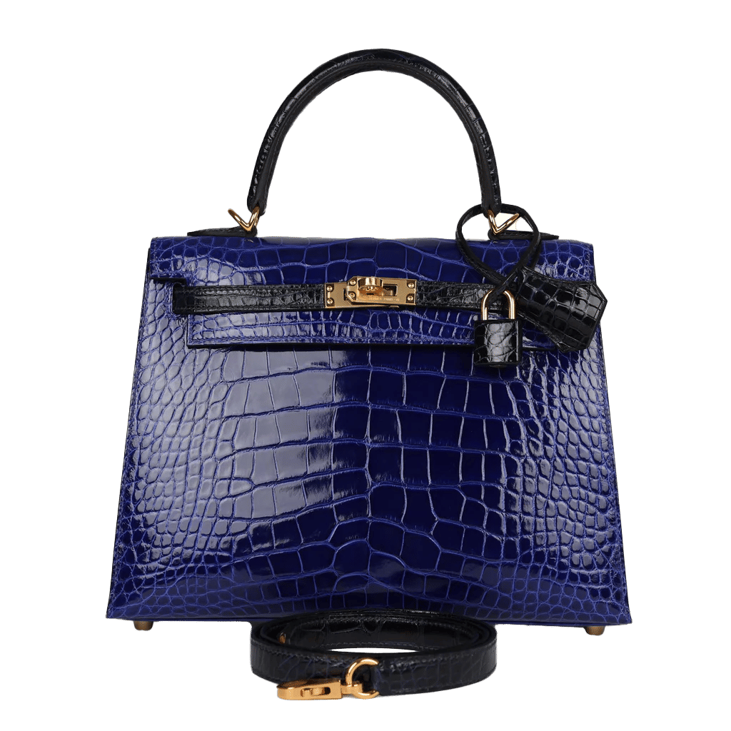 Hermès Special Order (HSS) Kelly Sellier 25 Bleu Electric and Bleu Marine Shiny Alligator Gold Hardware