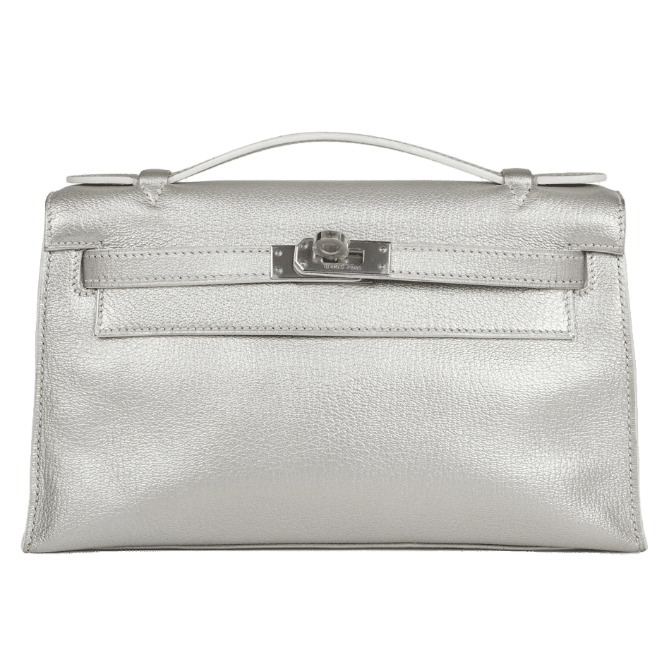 Vintage Hermès Kelly Pochette Silver Metallic Chevre Palladium Hardware