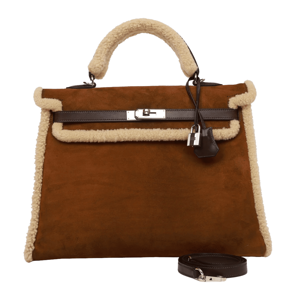 Pre-owned Hermès Teddy Kelly 35 Shearling and Ebene Barenia Palladium Hardware