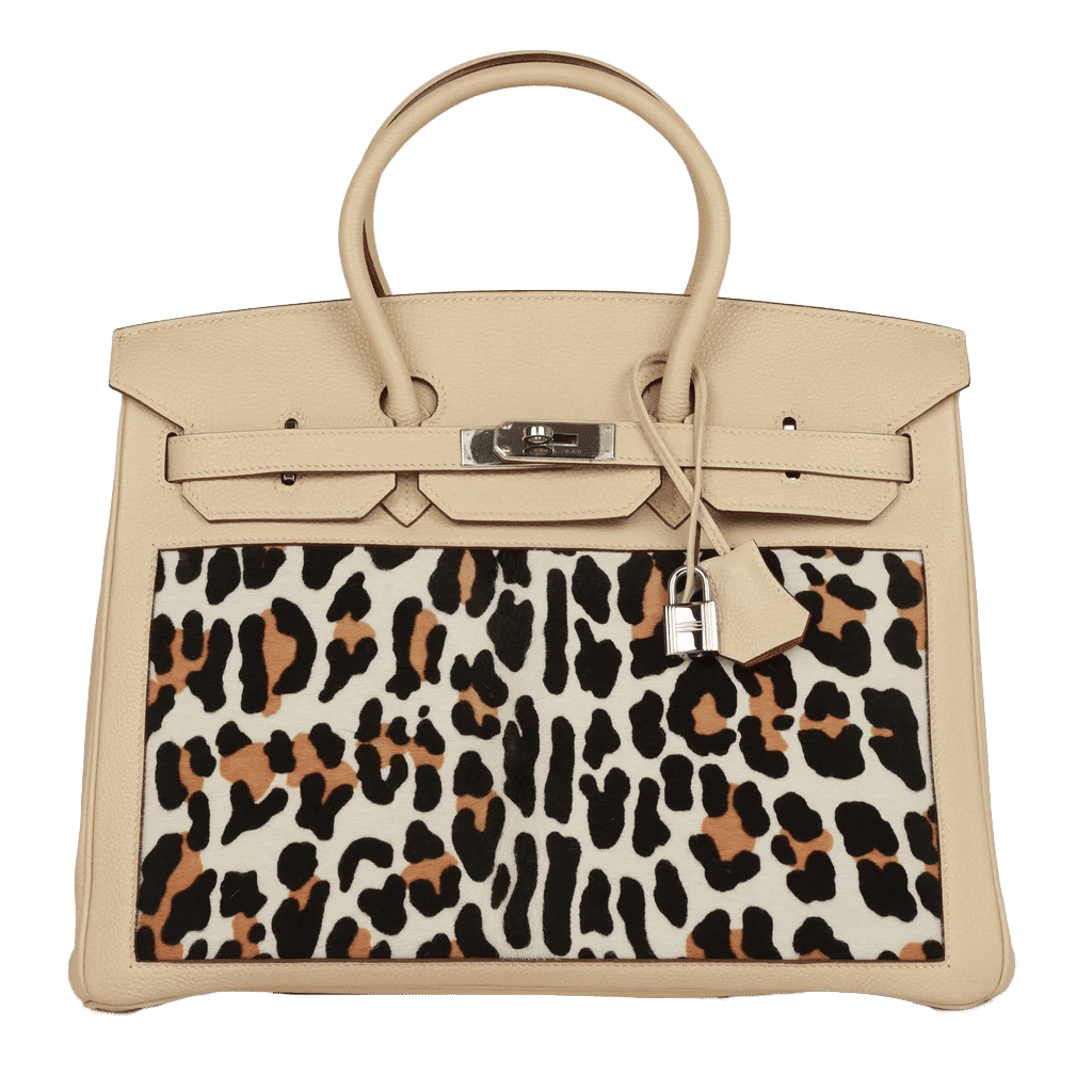 Vintage Hermès Birkin 35 Parchemin Togo and Leopard Troika Palladium Hardware