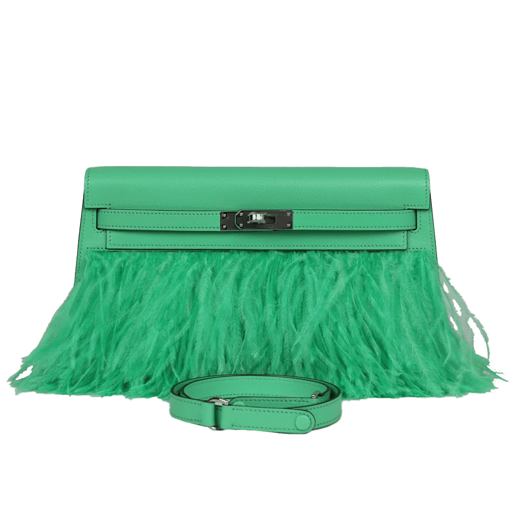 Hermès Kelly Elan Foile Vert Comics Chevre and Ostrich Feather Palladium Hardware