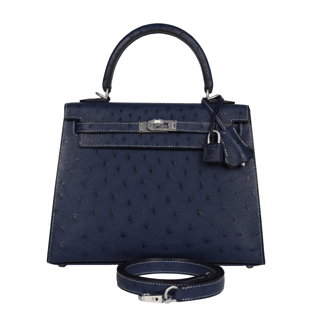 Hermès Special Order (HSS) Kelly Sellier 25 Bleu Iris Verso Ostrich Brushed Palladium Hardware