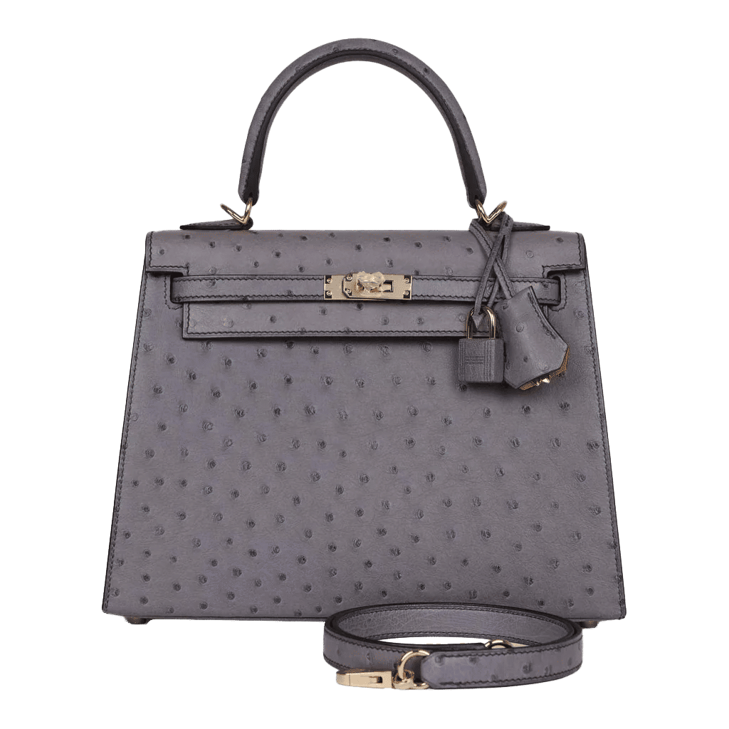 Hermès Special Order (HSS) Kelly Sellier 25 Gris Agate Verso Ostrich Permabrass Hardware