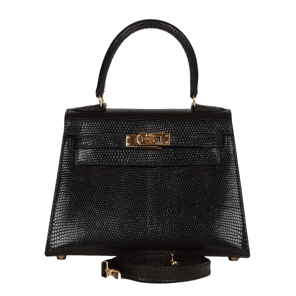 Vintage Hermès Kelly Sellier 20 Black Lizard Gold Hardware
