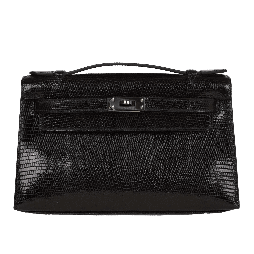 Hermès Kelly Pochette Black Lizard Ruthenium Hardware