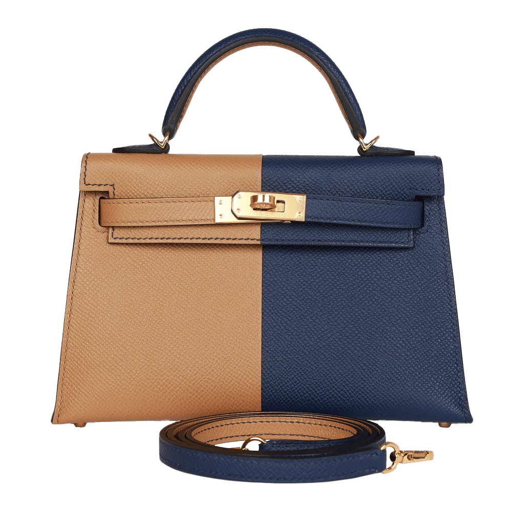 Hermès Special Order (HSS) Kelly Sellier 20 Casaque Sesame and Bleu Saphir Epsom Gold Hardware
