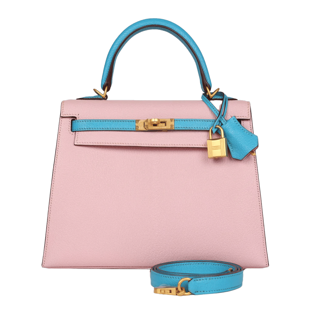 Hermès Special Order (HSS) Kelly Sellier 25 Rose Sakura and Bleu Aztec Chevre Brushed Gold Hardware