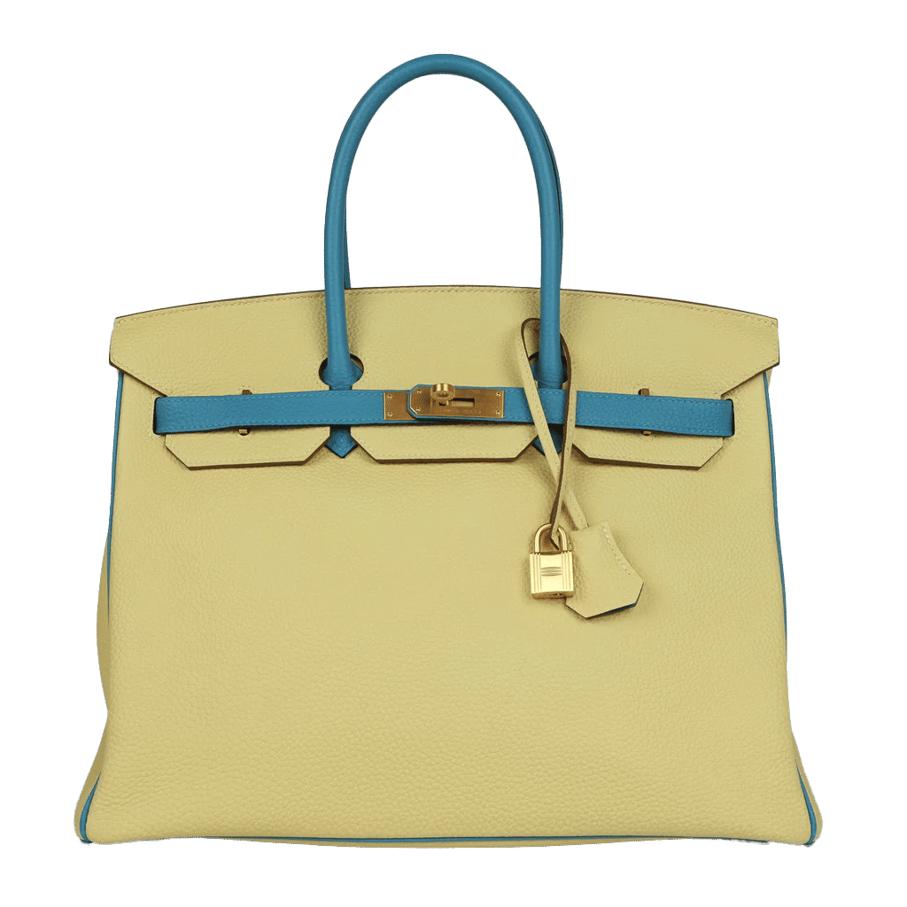 Pre-owned Hermès Special Order (HSS) Birkin 35 Jaune Poussin and Bleu Paradise Togo Brushed Gold Hardware