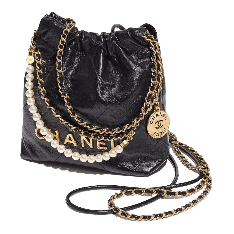 Chanel 22 Handbag Mini 23S Shiny Crumpled Calfskin Black with Pearl Chain