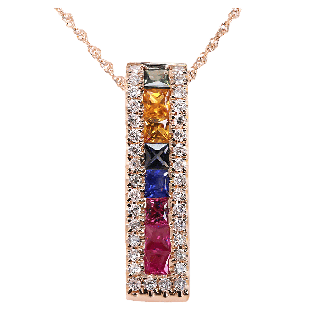 Ladies Diamond Necklace with Rainbow Multi-Colored Sapphires 0.85 Carats