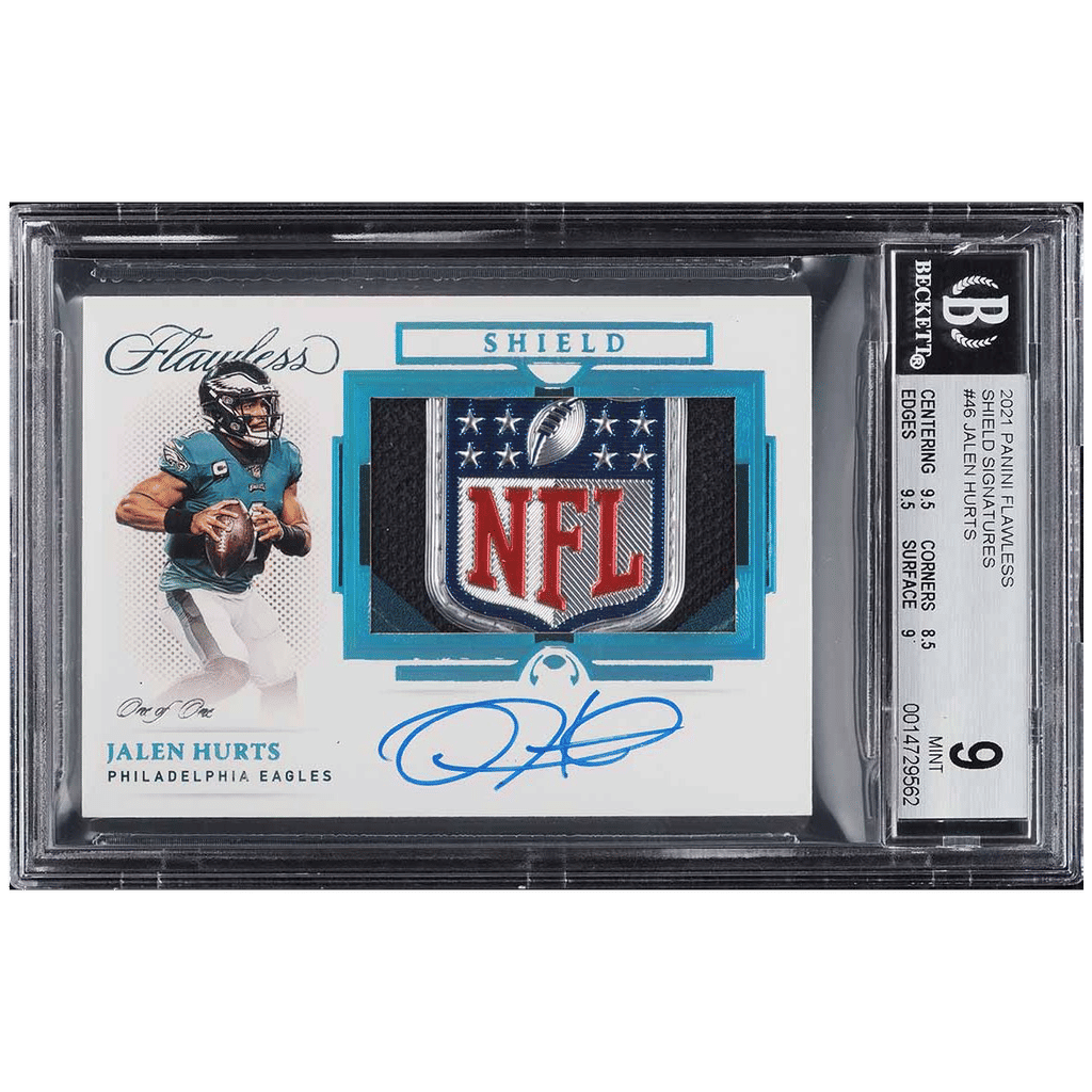 2021 Panini Flawless Jalen Hurts NFL SHIELD PATCH AUTO 1/1 #46 BGS 9 MINT
