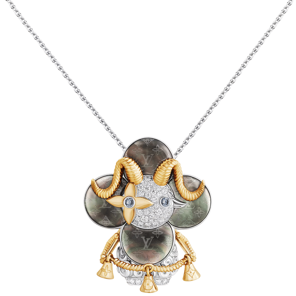 Vivienne Sheep Pendant, Yellow Gold, White Gold, Grey Mother-Of-Pearl, Diamonds & Colored Gemstones