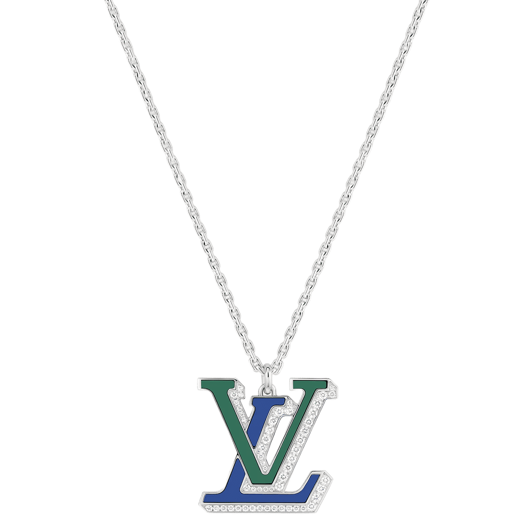 LV Large Pendant, White Gold, Diamonds, Blue Agate and Green Agate