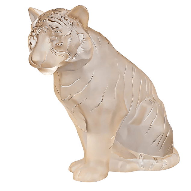 Lalique Sitting Tiger Large Sculpture Gold Luster Crystal