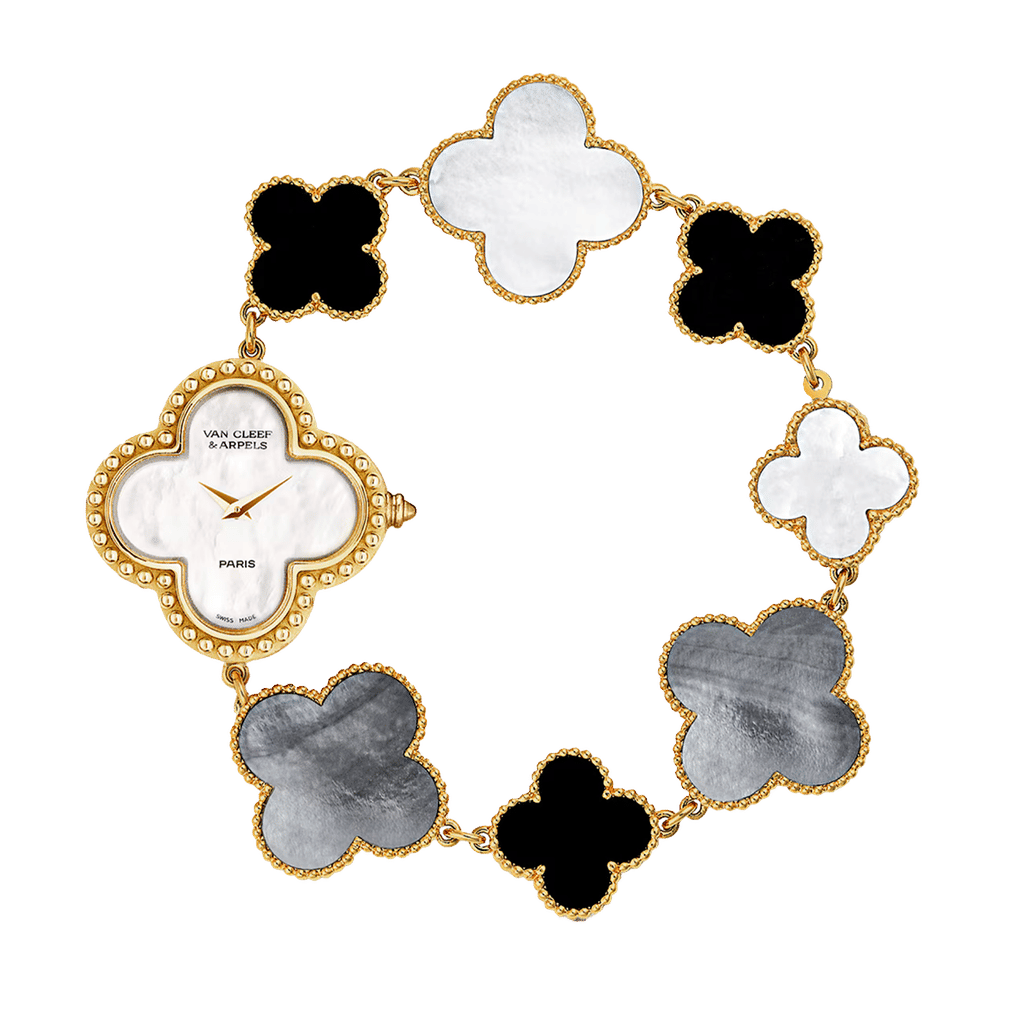 Van Cleef Alhambra watch, small model 18K yellow gold, Mother-of-pearl, Onyx