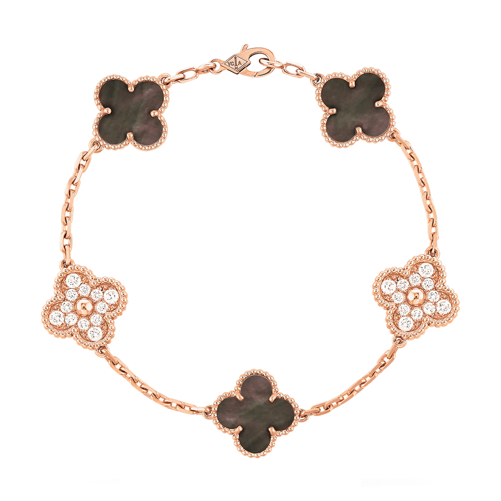 Van Cleef Vintage Alhambra Bracelet 5 Motifs 18K Rose Gold Diamond Mother-of-pearl