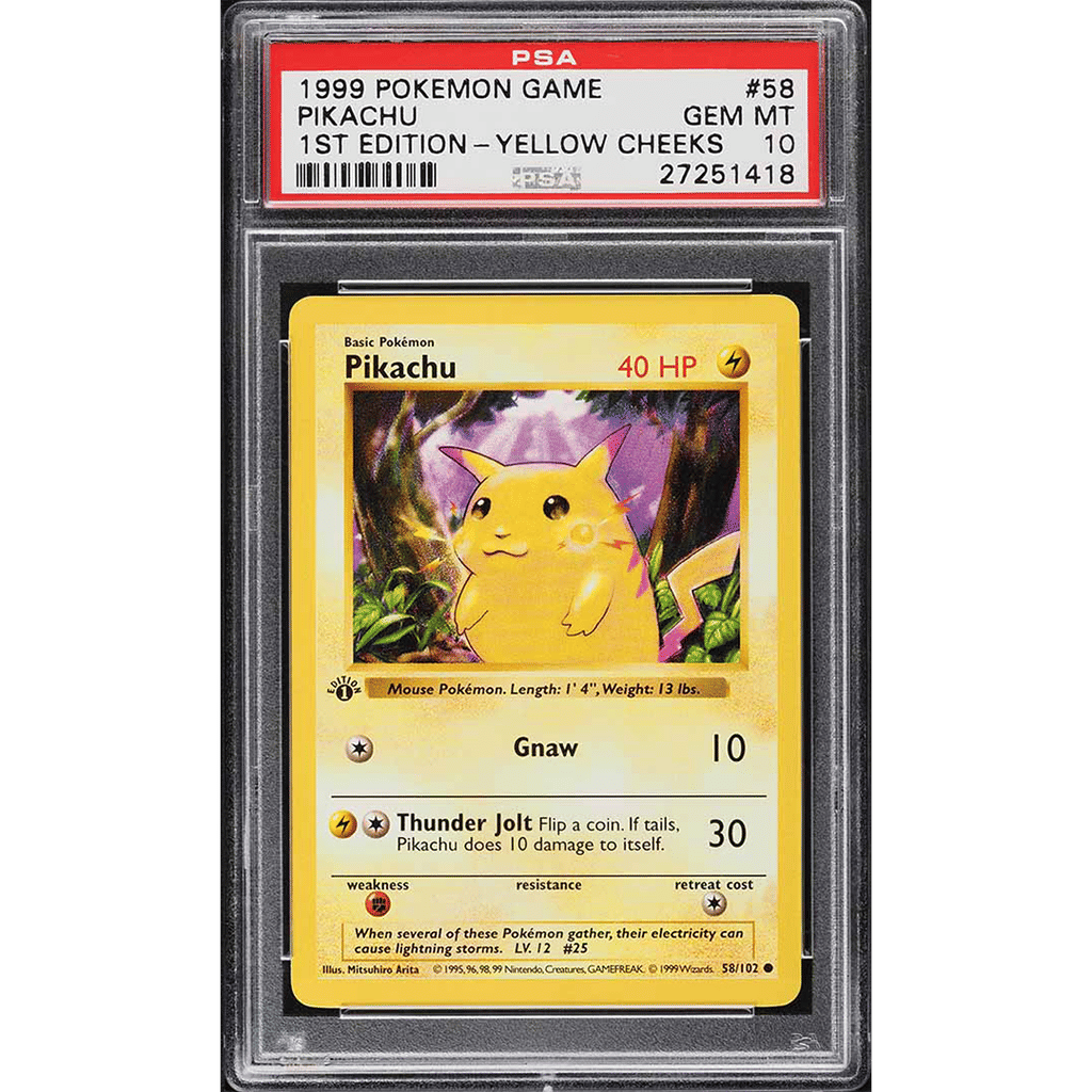 1999 Pokemon Base Set Shadowless 1st Ed Yellow Cheeks Pikachu #58 PSA 10 GEM MT