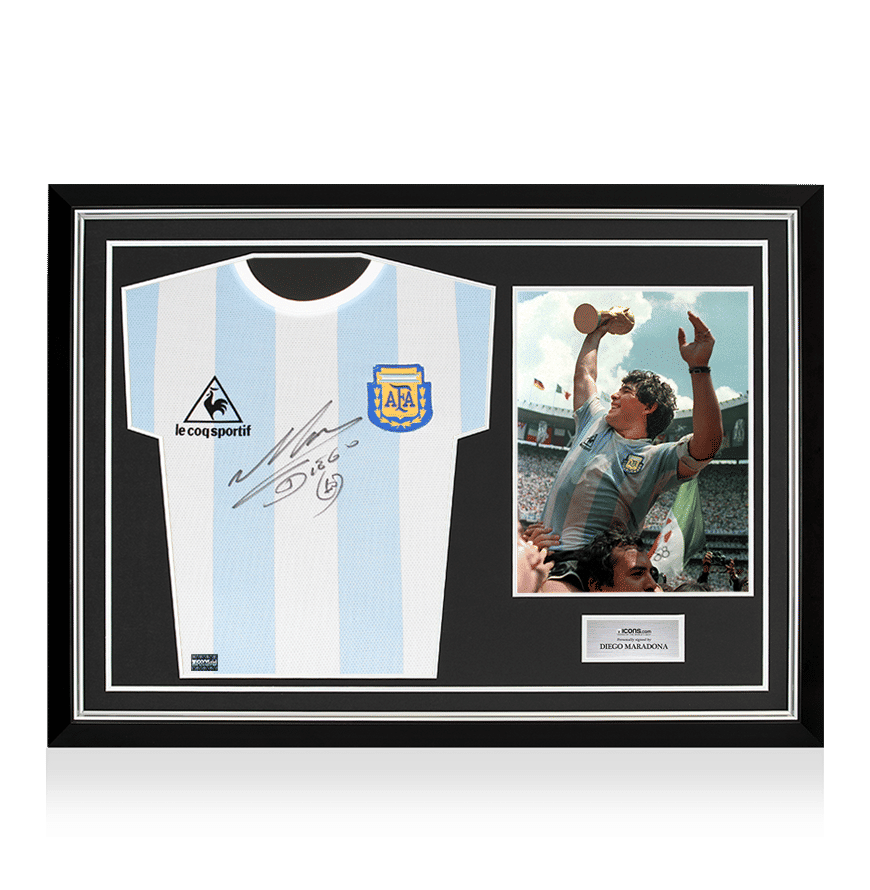 Diego Maradona Front Signed Retro Le Coq Sportif Argentina Home Shirt In Hero Frame