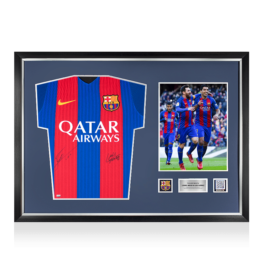 Lionel Messi & Luis Suarez Official FC Barcelona Front Signed and Framed 2016-17 Home Shirt