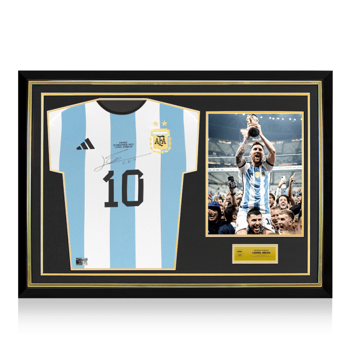 Lionel Messi Official FIFA World Cup Front Signed and Hero Framed Argentina 2022-23 Home Shirt