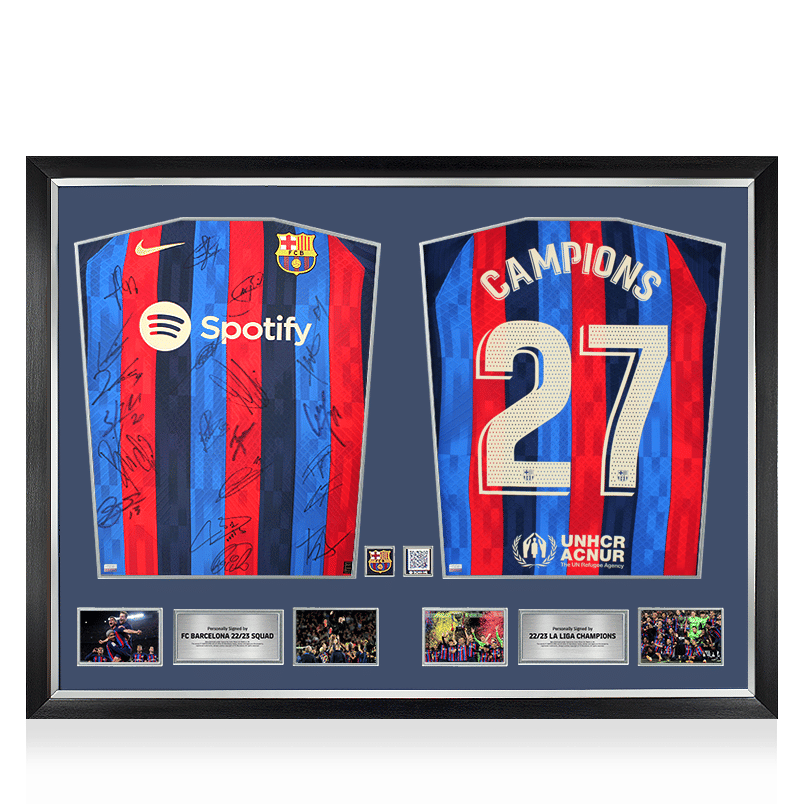 FC Barcelona Squad Signed & Unsigned 'Campions 27' Shirts In Official FC Barcelona Dual Frame