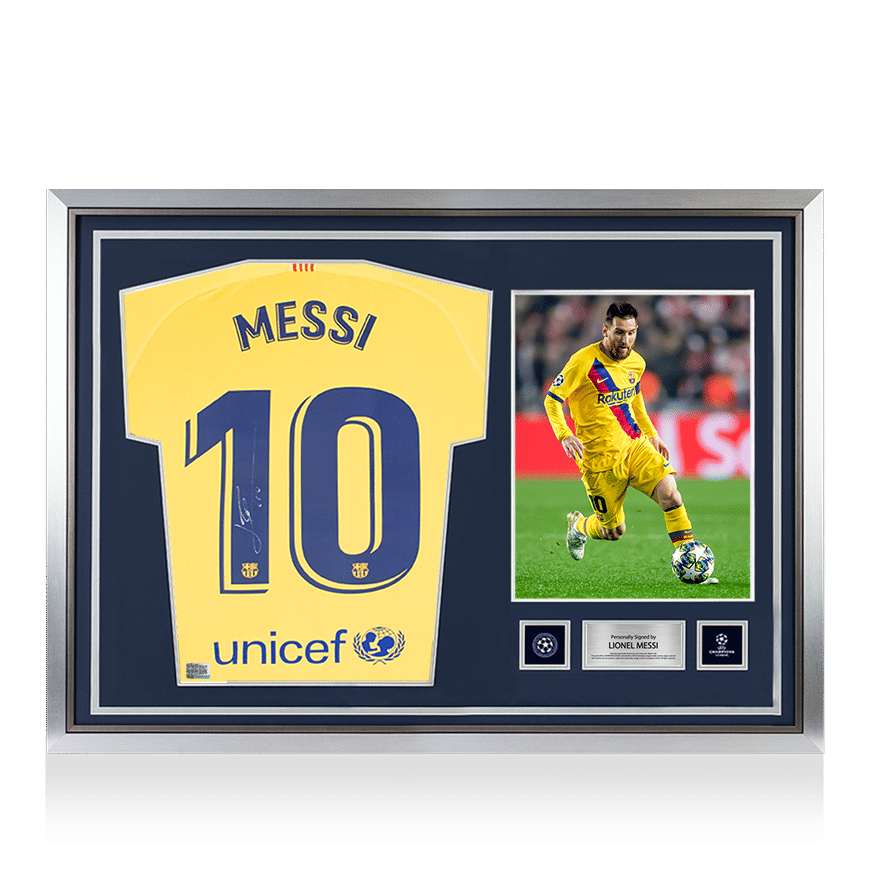 Messi signed UEFA Champions League FC Barcelona 2019-20 Away Shirt in Silver Frame.