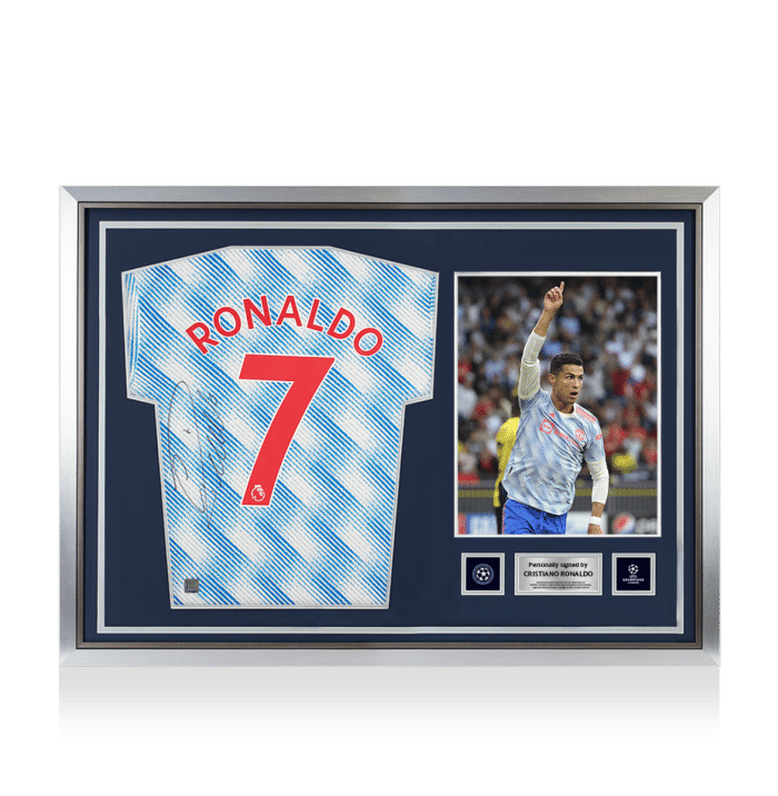 Cristiano Ronaldo Official UEFA Champions League Back Signed and Hero Framed Manchester United 2021-22 Away Shirt