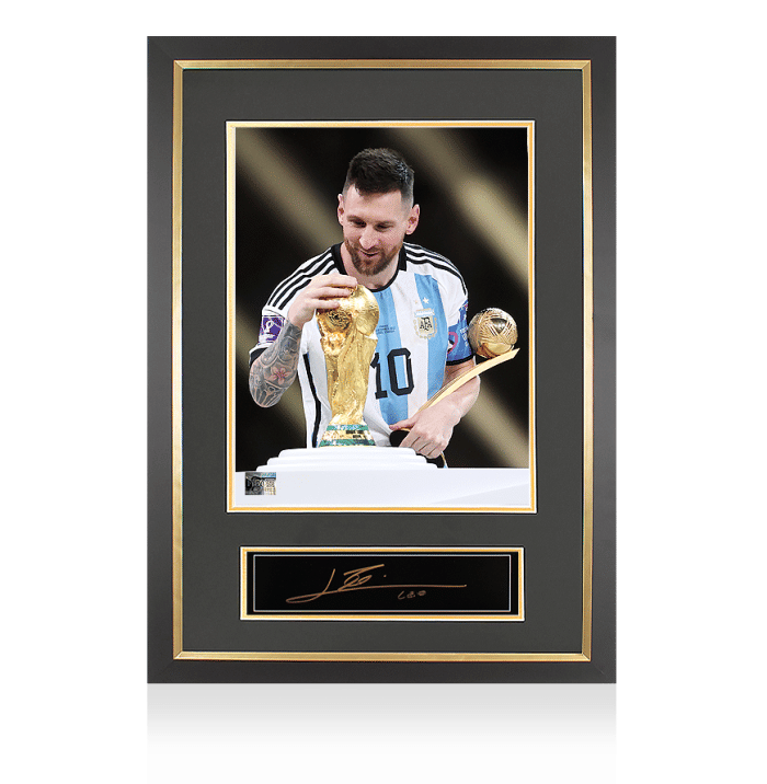 Lionel Messi Official FIFA World Cup Signed Plaque and Photo Frame: 2022 Golden Ball Winner