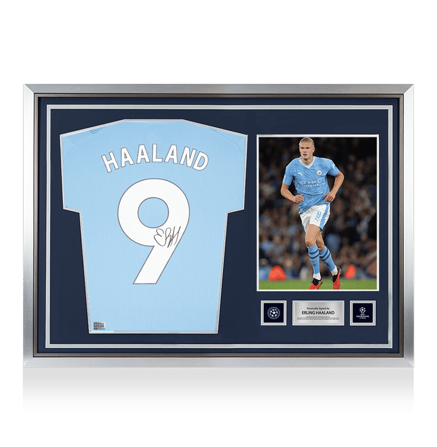 Erling Haaland Official UEFA Champions League Back Signed and Hero Framed Manchester City 2023-24 Home Shirt