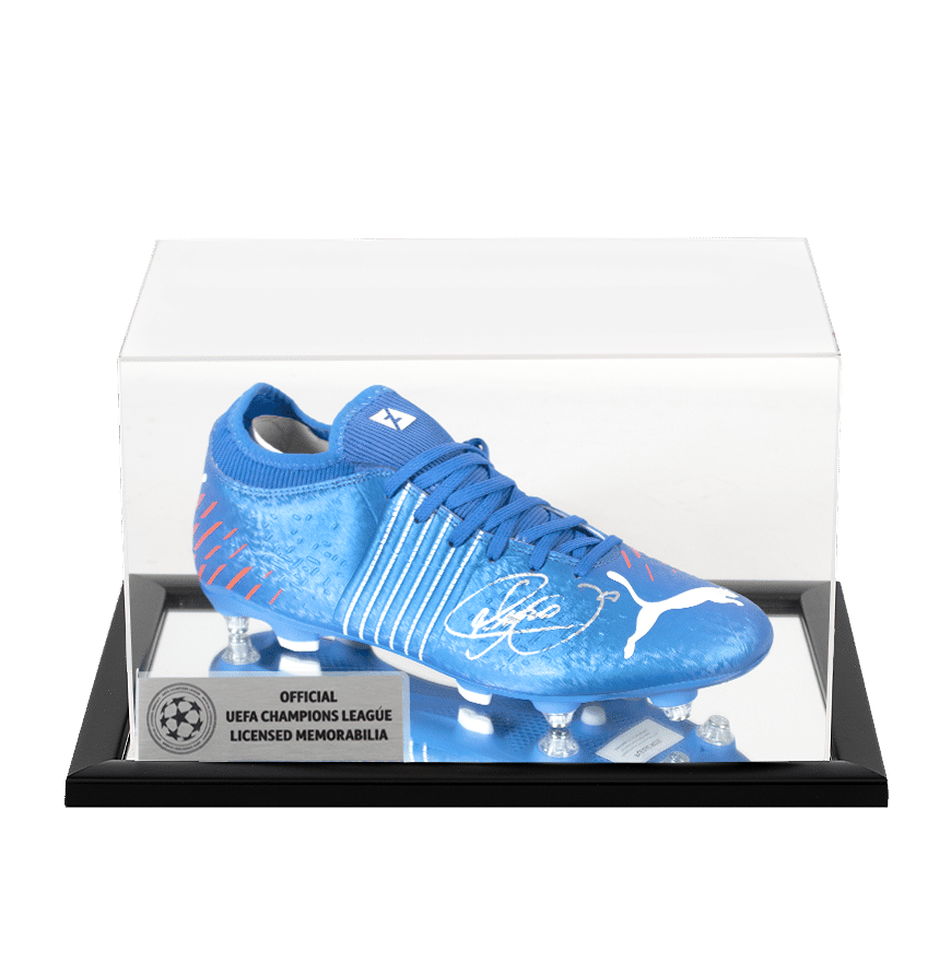 Neymar Jr Official UEFA Champions League Signed Puma Boot: Blue In Acrylic Case