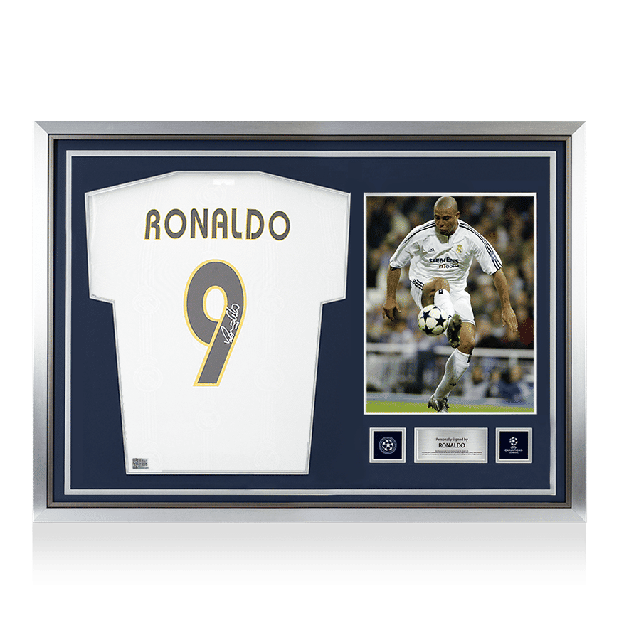 Ronaldo Real Madrid CF Modern Home Shirt, Signed UEFA Champions League Back, Hero Framed