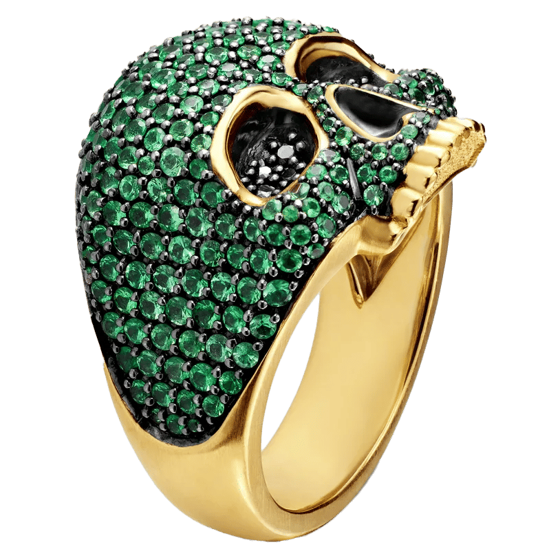 David Yurman Memento Mori Skull Ring 18K Yellow Gold with Emeralds and Black Diamonds, 22mm