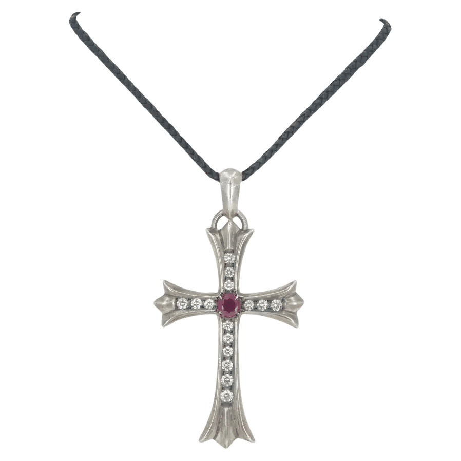 2001 Chrome Hearts Silver Ruby Diamond Cross Pendant Leather Necklace