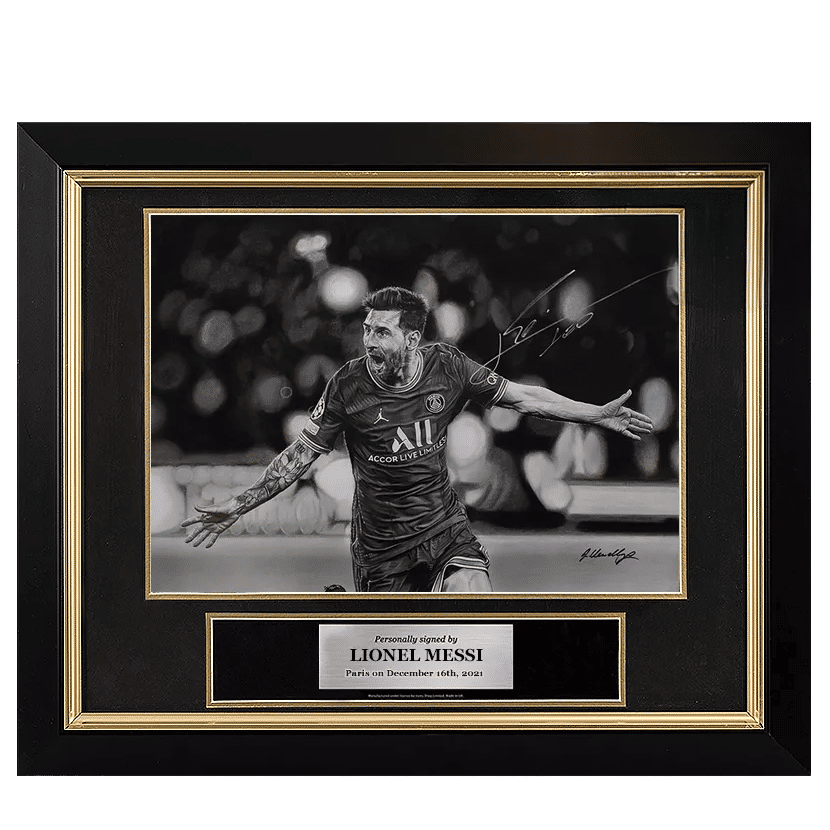 Original Lionel Messi Official Signed and Premium Framed Tribute Artwork: UCL Goal vs Manchester City