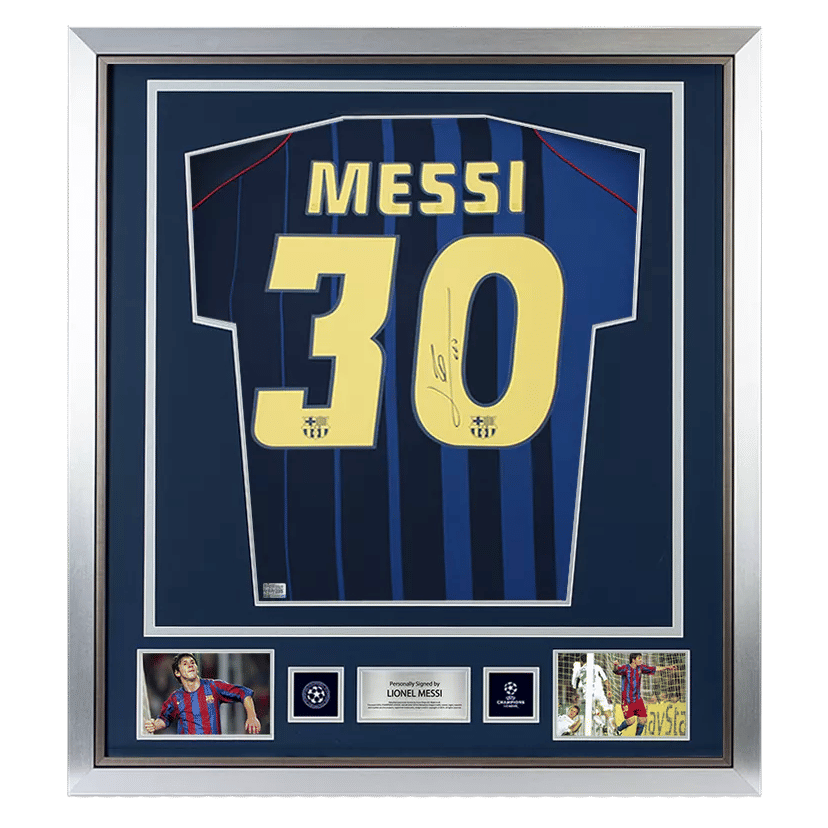 Lionel Messi Official UEFA Champions League Official Back Signed and Framed FC Barcelona 2004-05 Away Shirt