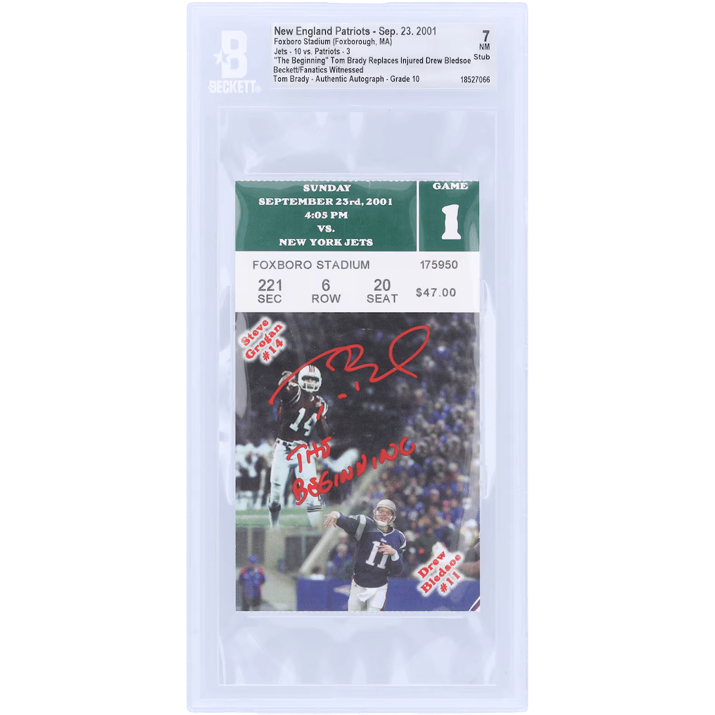Tom Brady New England Patriots Autographed Tom Brady Replaces Injured Drew Bledsoe Red Ink Beckett Fanatics Witnessed Authenticated 7/10 Ticket from September 23, 2001 with "THE BEGINNING" Inscription
