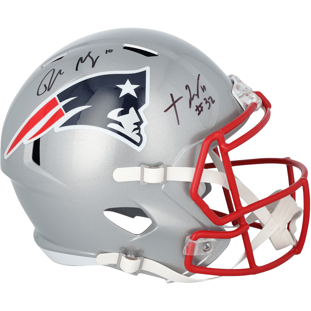 Drake Maye & TreVeyon Henderson New England Patriots Autographed Fanatics Authentic Riddell Speed Replica Helmet