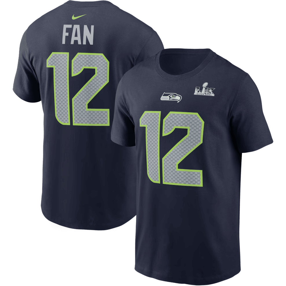 Seattle Seahawks 12s Nike College Navy Super Bowl LX Patch Name & Number T-Shirt