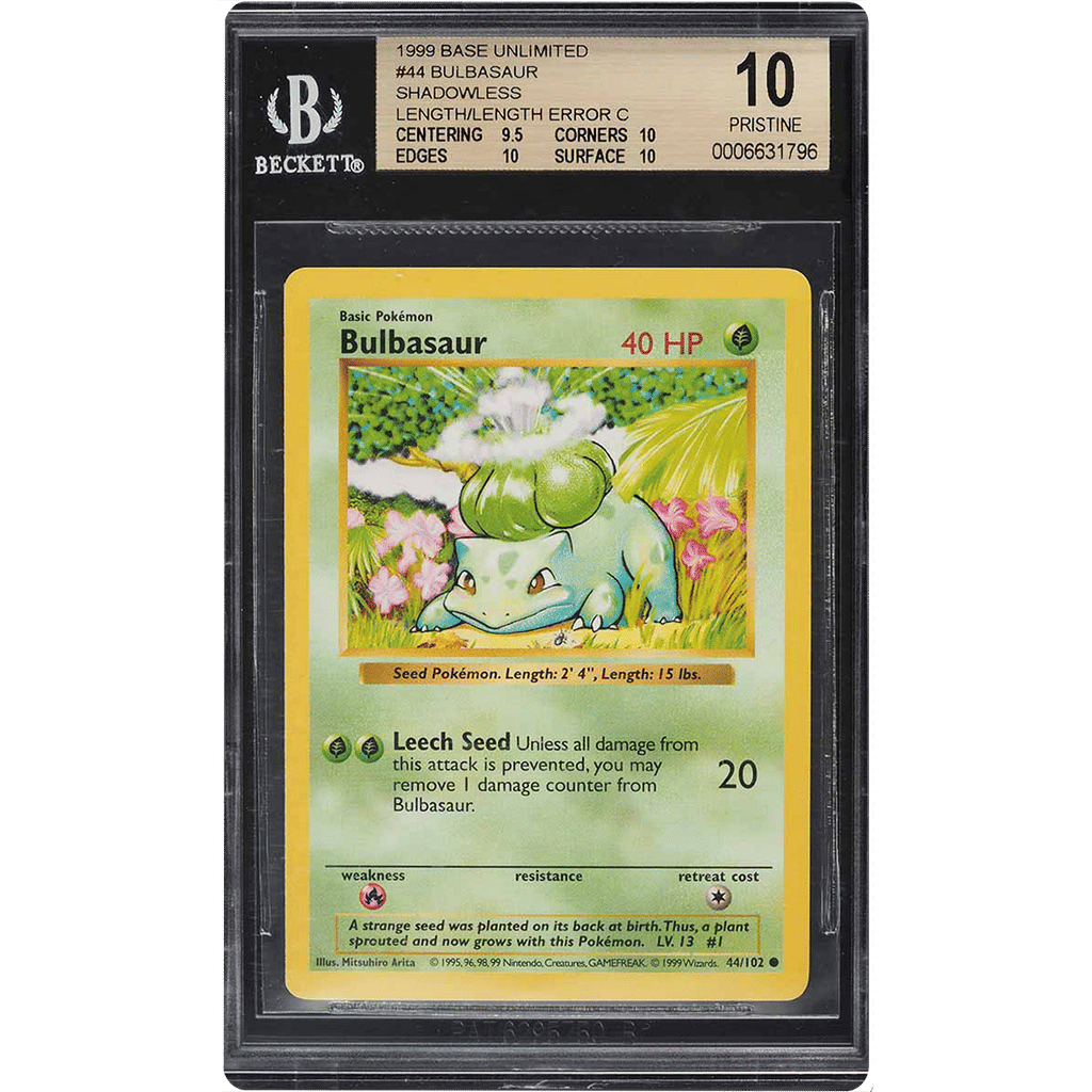 1999 Pokemon Base Set Shadowless Bulbasaur #44 BGS 10 PRISTINE