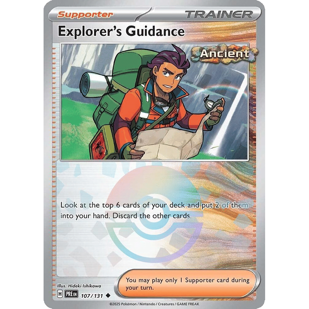 Explorer’s Guidance (Poke Ball Pattern) - SV: Prismatic Evolutions (PRE) is a special variant of the strategic Trainer card from Prismatic Evolutions, featuring a unique Poke Ball Pattern holo treatment. Designed to help players efficiently search their deck for essential resources, this card enhances consistency in gameplay and provides a competitive edge, making it a sought-after addition for collectors and players alike.